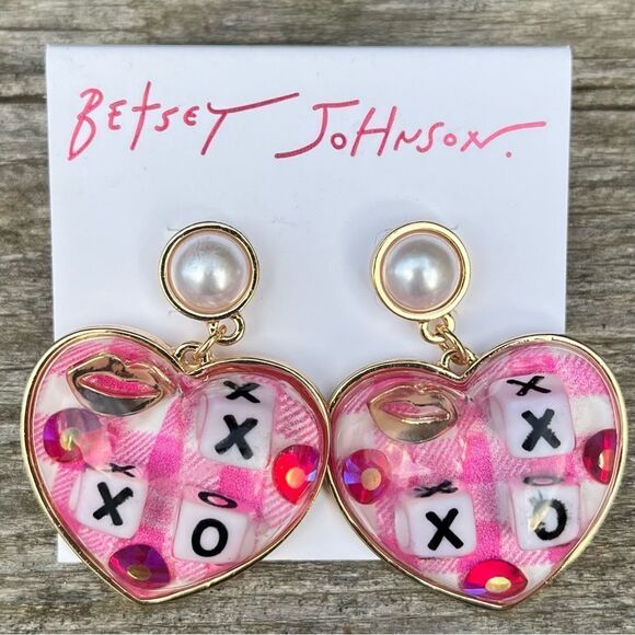 Betsey Johnson Jewelry - NWT New Betsey Johnson XOXO Pink and Gold Heart Earrings w/Pearls Studs
